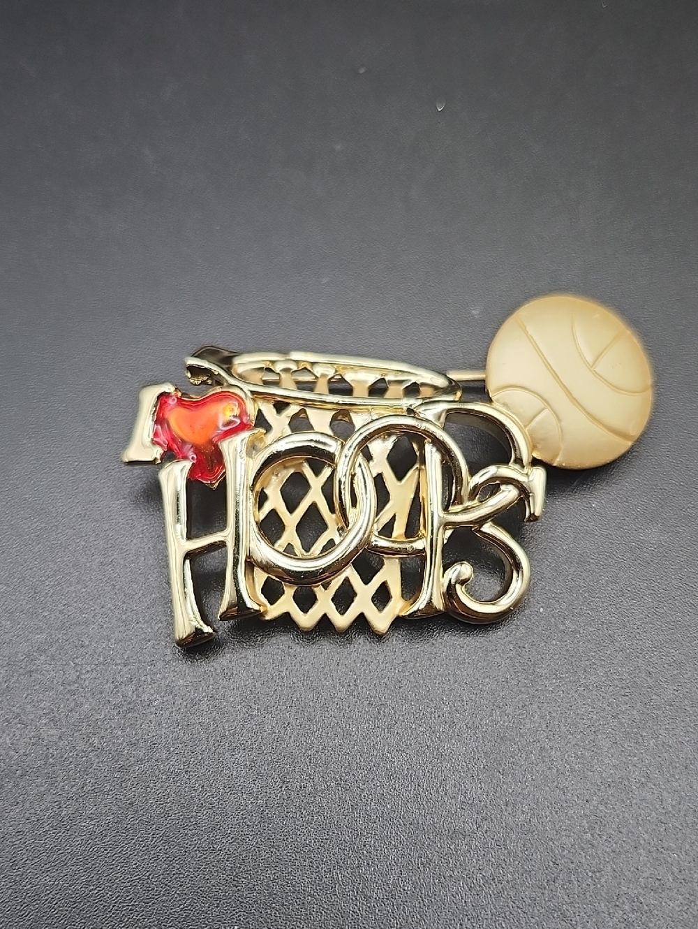 Gold-tone 'Hoop' Basketball Pin with  Ball and Red Heart.